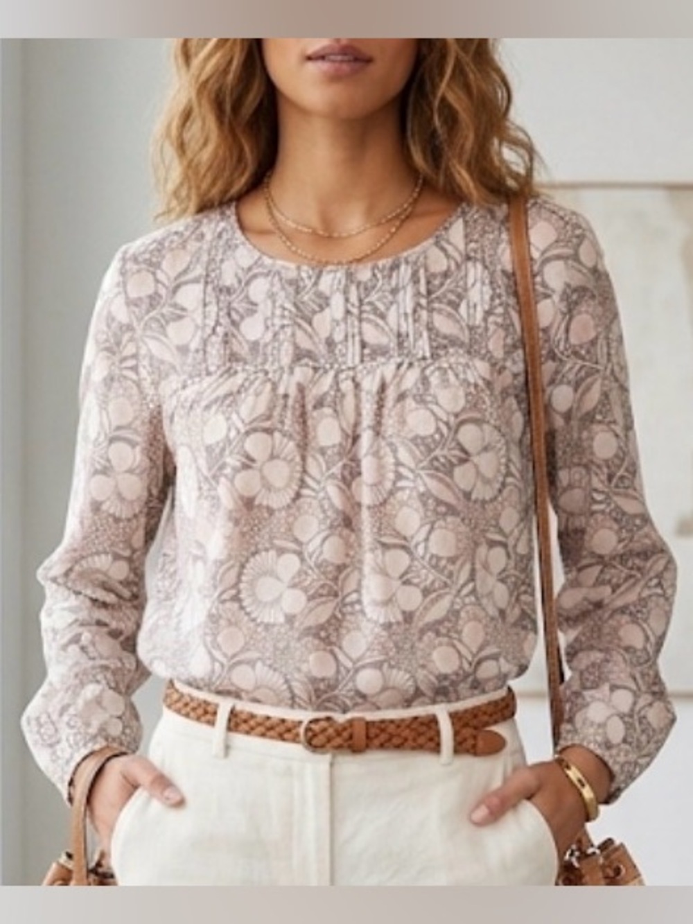 LOFT Long Sleeve Lightweight Floral Peasant Blouse Blush Pink Medium Preppy